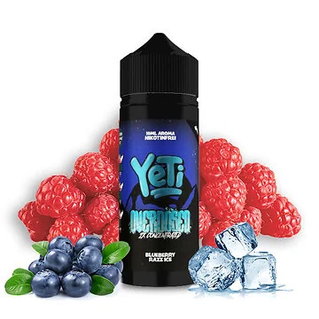 Yeti Blueberry Razz Ice Overdosed Aroma Flasche mit Blaubeer- und Himbeer-Design vor kaltem Hintergrund