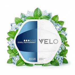 Velo Shift Cool Peppermint Nicotine Pouches in offener Dose mit Comfort-Hexagon-Beuteln