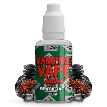 Vampire Vape Black Jack 30ml Aroma Flasche mit Lakritz- und Anis-Design auf dunklem Hintergrund