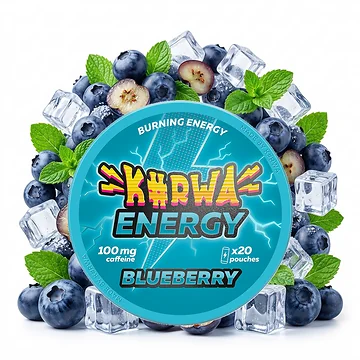 KURWA ENERGY Blueberry Energy Pouches Slim-Format mit blauschwarzen Heidelbeer-Heidelbeer-Symbolen auf der Dose