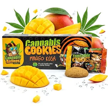 Cannabis Airlines Cannabis Kekse Mango Kush Packung mit Mürbeteigkeks und Hanfblatt-Dekor