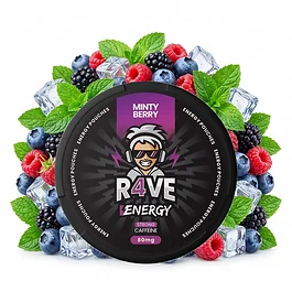 R4VE ENERGY Minty Berry Energy Pouches Dose mit nikotinfreien Portionsbeuteln im Slim-Format