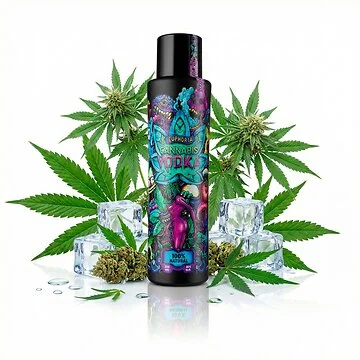 Euphoria Cannabis Vodka Flasche mit echten Hanfblaettern im Getreidebrand