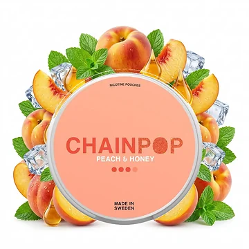 Chainpop Peach & Honey Nicotine Pouches Slim-Format, geöffnete Dose mit All-White Beuteln