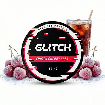 Glitch Frozen Cherry Cola Nikotinbeutel in Dose mit roten Kirschen und Cola-Grafik