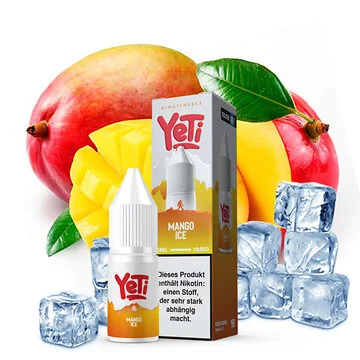Yeti Summit Mango Ice Nikotinsalz Liquid Flasche mit fruchtigem Mango-Design vor eiskaltem Hintergrund