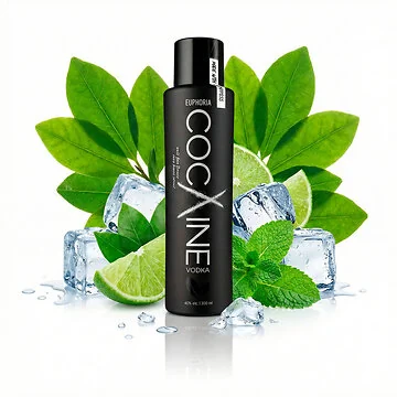 Euphoria Coxine Wodka Flasche mit auffälligem Hanfblatt-Design auf dunklem Hintergrund