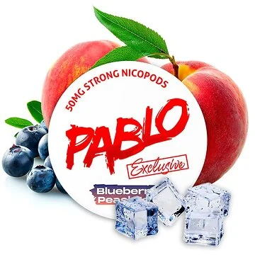 Pablo Nicotine Pouches Exclusive Blueberry Peach Ice Dose auf weißem Grund