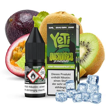 Yeti Kiwi Passionfruit Ice Overdosed Nikotinsalz 10ml Liquid-Flasche mit Kiwi und Passionsfrucht-Grafik auf Eis