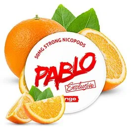 Dose der Pablo Nicotine Pouches Exclusive Orange mit spritzigem Orangendesign auf weißem Hintergrund