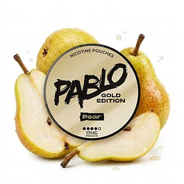 Pablo Gold Pear Nicotine Pouches Dose mit goldenem Design und Birnen-Symbol