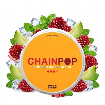 Chainpop Pomegranate & Melon Slim Nikotinbeutel mit geöffneter Dose und 20 All-White Portionen