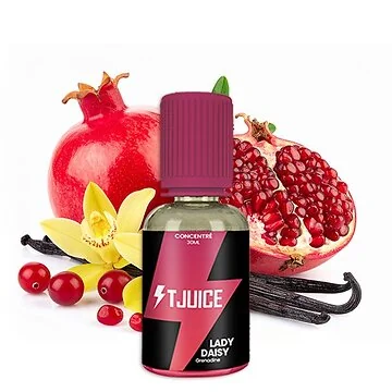 T-Juice Lady Daisy 30ml Aroma Flasche mit Beeren- und Granatapfel-Motiv vor hellem Hintergrund