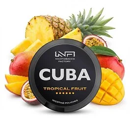 CUBA Nicotine Pouches Tropical Fruit Strong Dose mit tropischem Fruchtdesign vor hellem Hintergrund