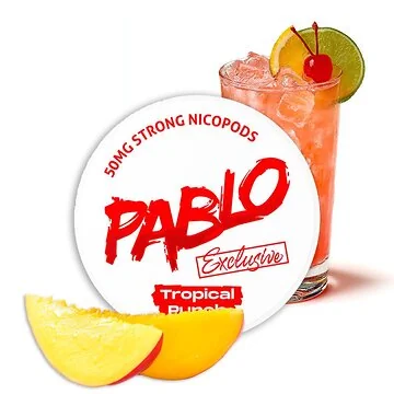 Pablo Nicotine Pouches Exclusive Tropical Punch Dose mit tropischen Motiven und All-White Beuteln