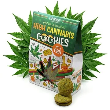 Euphoria Kekse mit hohem Cannabisgehalt und CBD Verpackung mit Hanfblatt Motiv