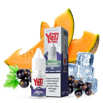 Yeti Summit Honeydew Blackcurrant Ice Nikotinsalz Flasche mit kühler Fruchtgrafik vor hellem Hintergrund