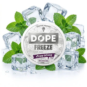 Dope Freeze Crazy Strong Dose mit eisigem Minz-Design und tabakfreien Nicotine Pouches im Slim-Format