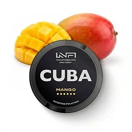 CUBA Nicotine Pouches Mango Strong Dose mit tropischem Mango-Design auf weißem Hintergrund