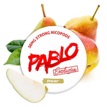 Pablo Nicotine Pouches Exclusive Pear Dose mit Fruchtdesign auf weißem Hintergrund