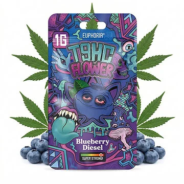 Euphoria T9HC Flowers Blueberry Diesel Hanfblüten in der aromaversiegelten Verpackung von smokepope