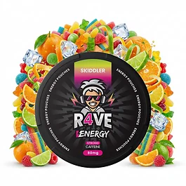R4VE ENERGY Skiddler Energy Pouches mit Koffein in geöffneter Dose, fruchtiges Profil und 20 Beuteln
