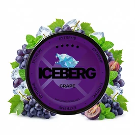 Iceberg Grape Nicotine Pouches in geöffneter Dose mit 20 slim Beuteln und Grape-Geschmacksangabe auf dem Etikett