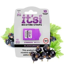 its POUCH RIPS Nicotine Stripes Blackcurrant Spender mit Fruchtabbildung auf schwarzem Hintergrund