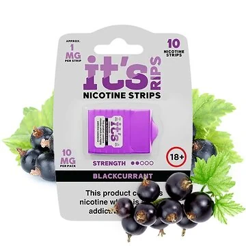 its POUCH RIPS Nicotine Stripes Blackcurrant Spender mit Fruchtabbildung auf schwarzem Hintergrund
