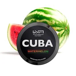 CUBA Nicotine Pouches Watermelon Strong Dose mit saftigem Wassermelonen-Design auf schwarzem Hintergrund
