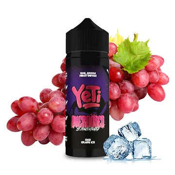 Yeti Red Grape Ice Overdosed Aroma Mischflasche vor eisigem Hintergrund