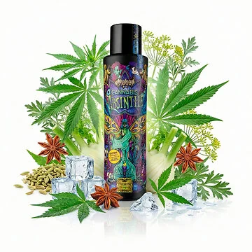 Euphoria Cannabis Absinthe Flasche mit Hanfblatt-Design und 70% Vol. Alkoholgehalt