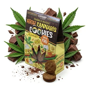 Euphoria Schokoladenkekse mit hohem Cannabisgehalt mit CBD – knusprige Schoko CBD Kekse in der Packung