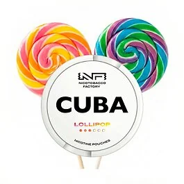 Dose der CUBA Nicotine Pouches Lollipop Medium mit buntem Design auf dunklem Hintergrund