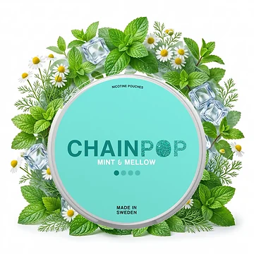 Offene CHAINPOP Mint & Mellow Dose mit Slim-Nikotinbeuteln im All-White-Format