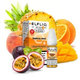 ELFLIQ Tropical Fruit Nikotinsalz Liquid Flasche mit tropischem Fruchtdesign vor hellem Hintergrund