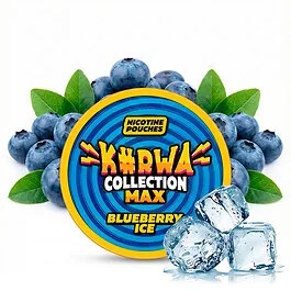 KURWA Collection Max Blueberry Ice Nicotine Pouches Dose mit eisig blauen Heidelbeeren im Hintergrund