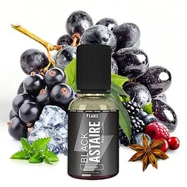 T-Juice Black Astaire 30ml Aroma Flasche mit rotem Etikett vor hellem Hintergrund für E-Zigaretten Selbstmischer.