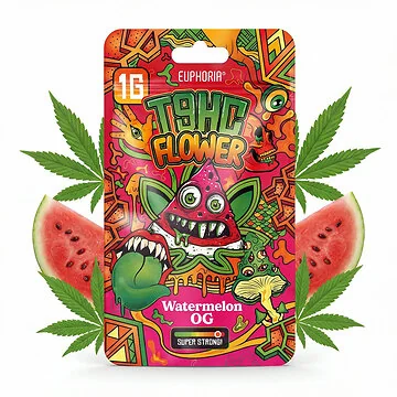 Euphoria T9HC Flowers Watermelon OG 1g Packung mit getrockneten, hellgrünen Hanfblüten