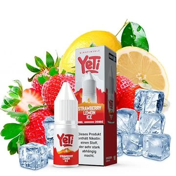Yeti Summit Strawberry Lemon Ice Nikotinsalz Flasche vor weißem Hintergrund mit frischen Erdbeeren und Zitronen