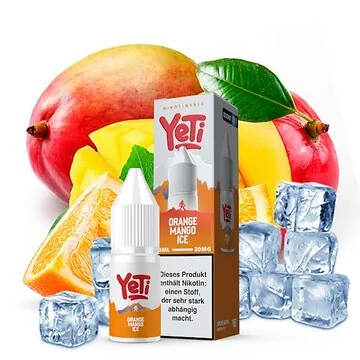Yeti Summit Orange Mango Ice Nikotinsalz E-Liquid Flasche mit reifen Früchten und Eiswürfeln