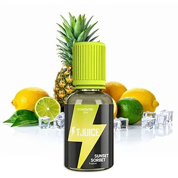 T-Juice Sunset Sorbet 30ml Aroma Flasche mit buntem Etikett und Beeren-Pfirsich-Motiv für E-Zigaretten